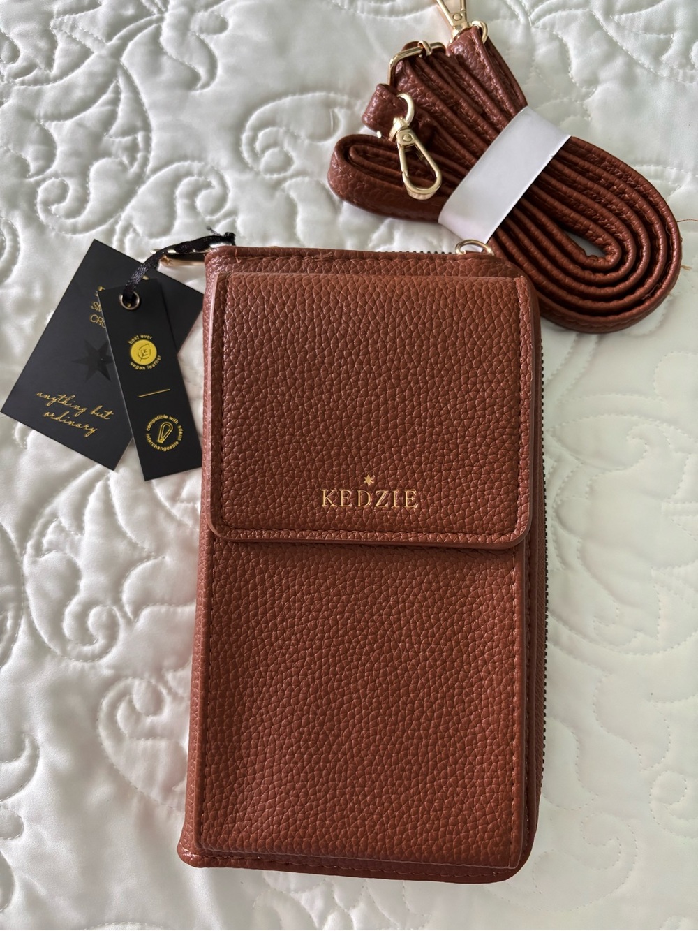 KEDZIE Brown Leather Crossbody Wristlet with Gold Hardware